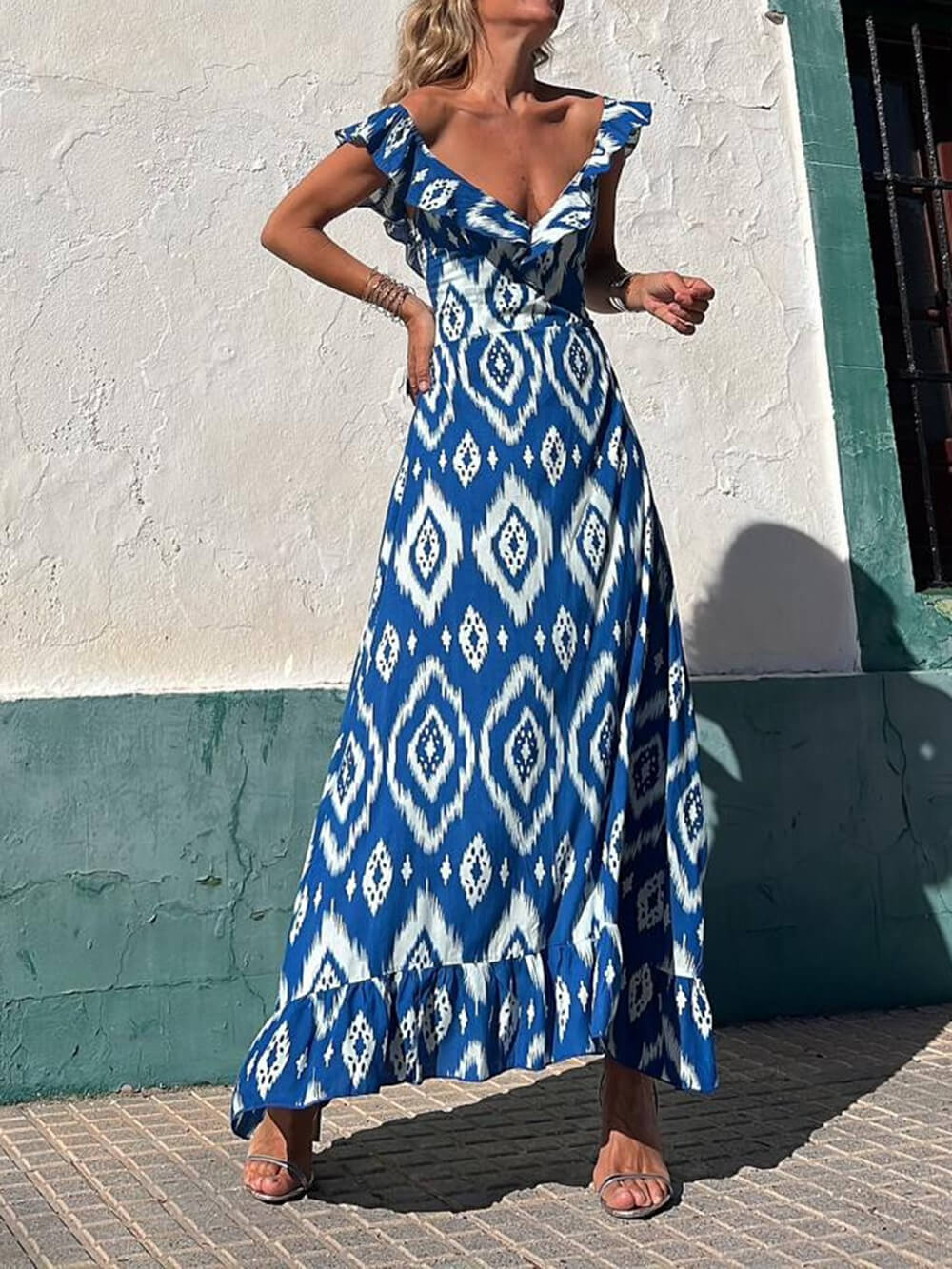 Ethnic Print Smocked Bust Ruffle Neck Maxi Dress