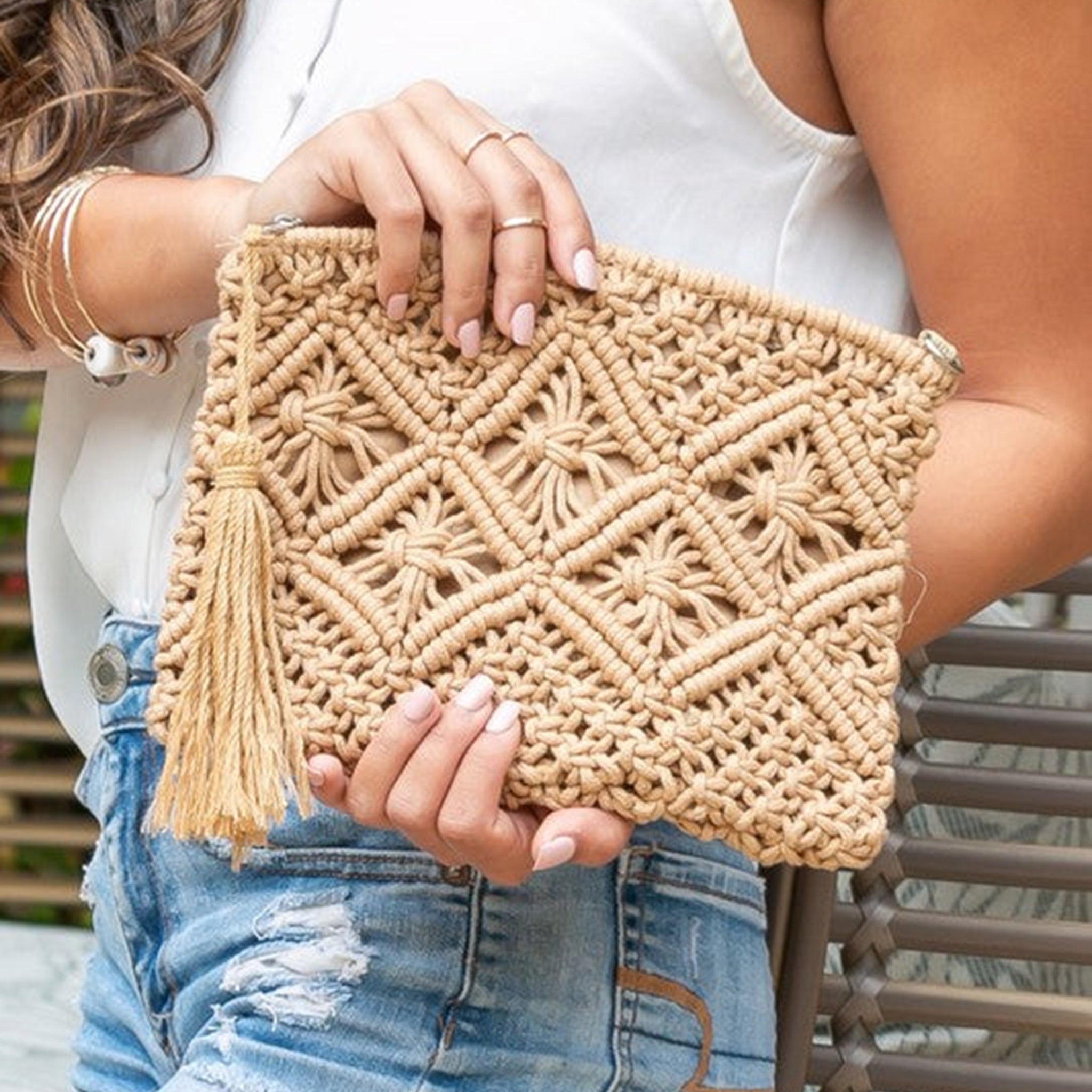 Diamond Pattern Macrame Tassel Clutch