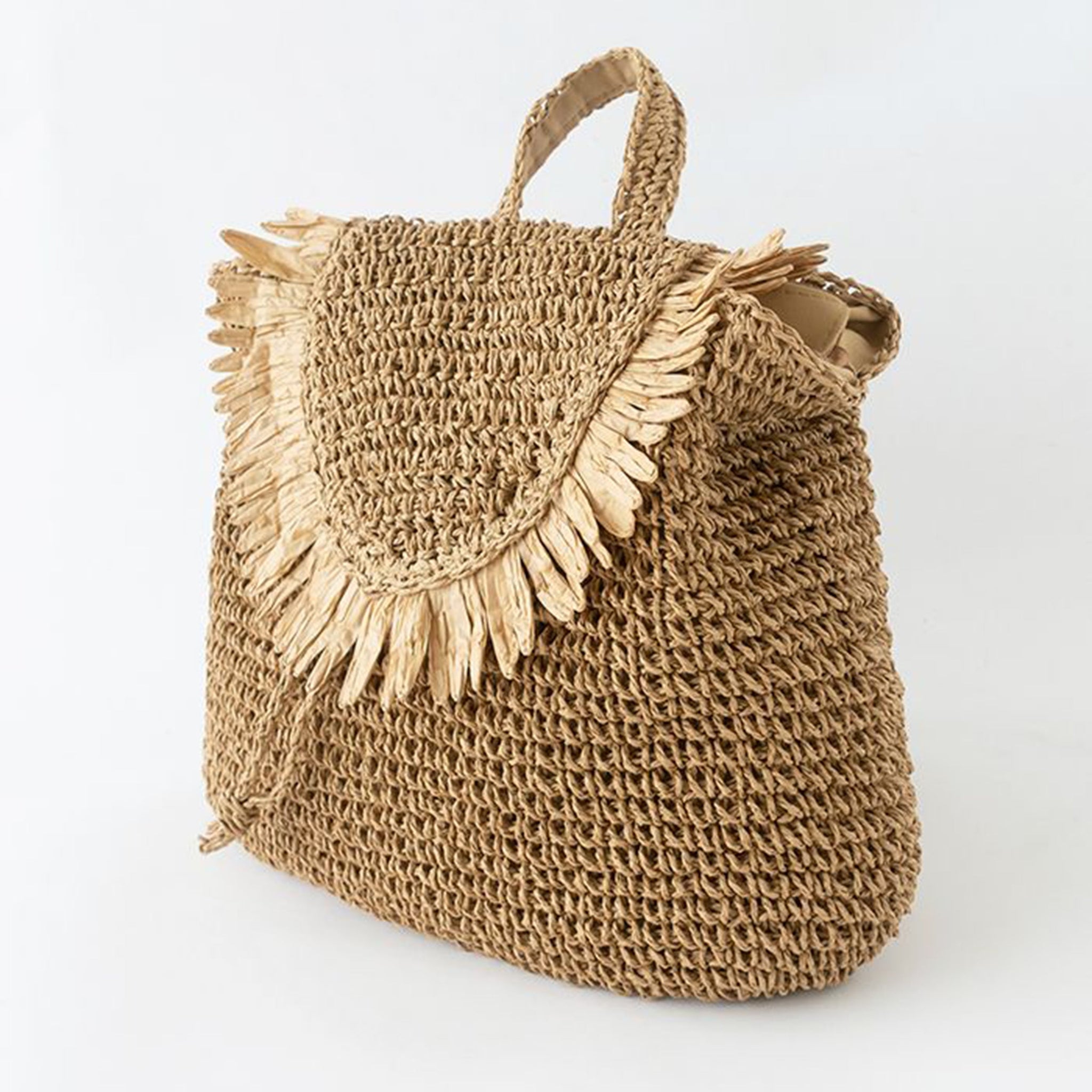 Caramel Fringed Trim Woven Straw Backpack