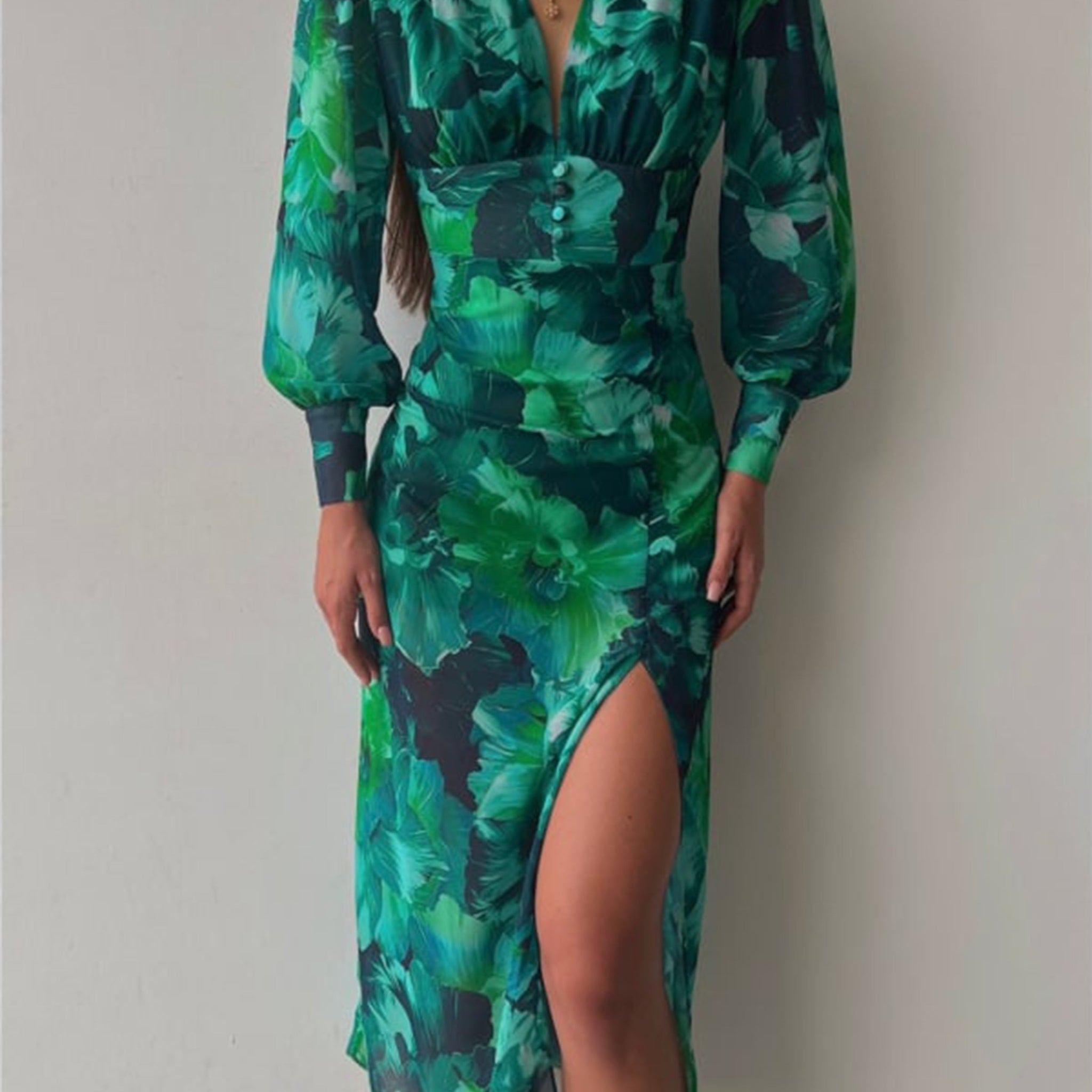 Calista Green Bloom V-neck Long Sleeve Maxi Dress